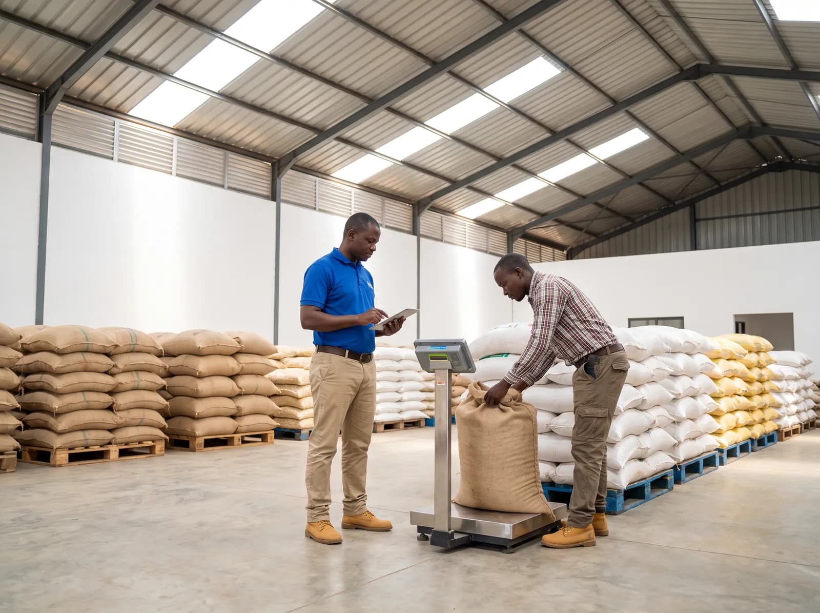 A store manager with a tablet and a farmer weighing a sack on a digital scale in a modern warehouse