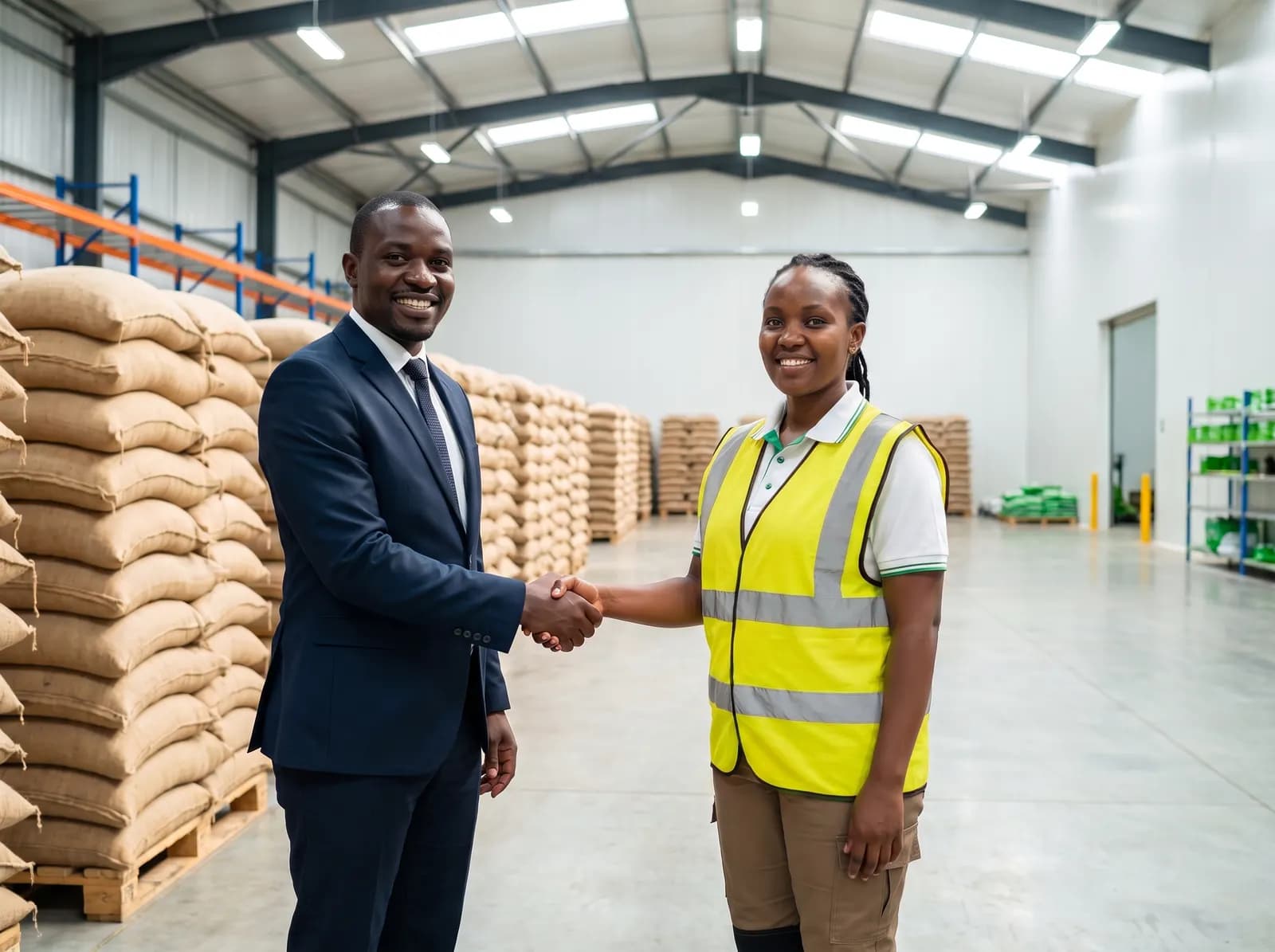 A banker shaking hands with a warehouse manager in a well-stocked warehouse