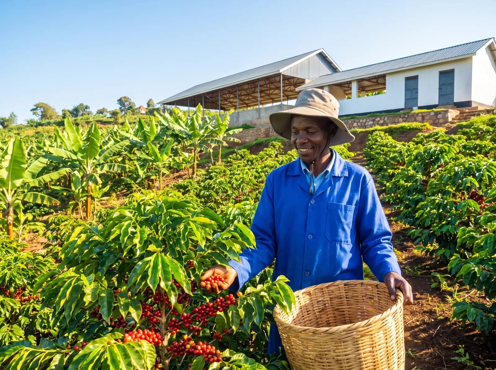 A farmer picking ripe red coffee cherries into a woven basket on a well-kept hillside coffee farm