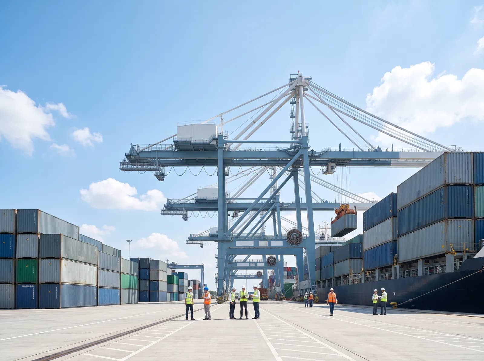 Stacked shipping containers and gantry cranes loading a container ship at a modern port