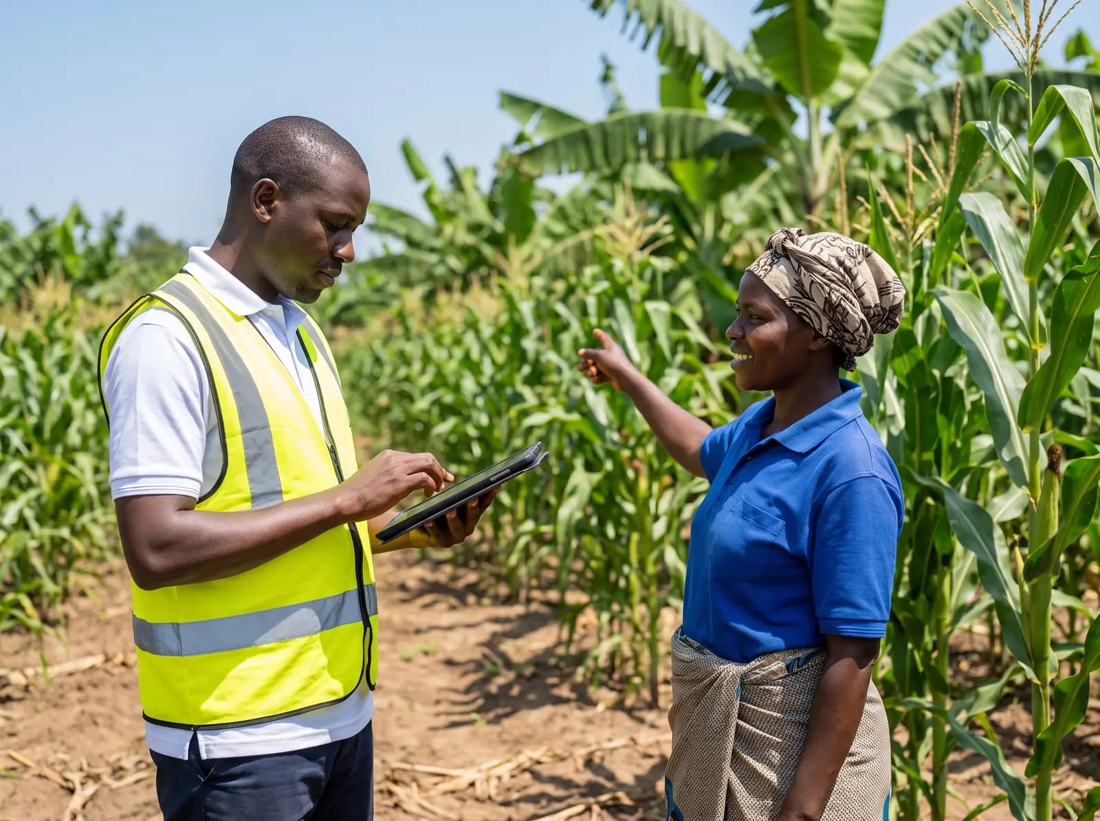A field officer in a vest taking notes on a tablet while a farmer shows him her crops