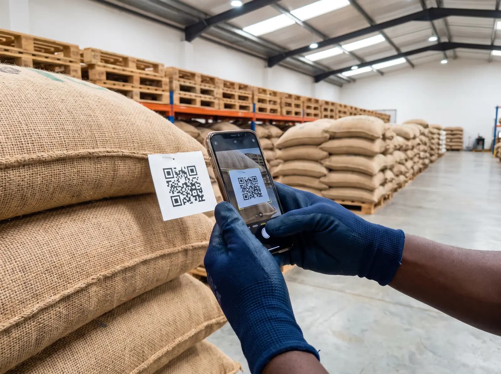 A warehouse worker scanning a QR code label on a coffee sack with a phone