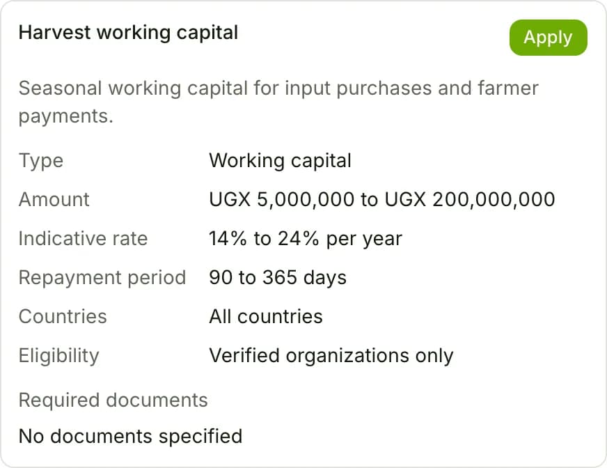 Screenshot of Financing products from vetted financiers in Famunera