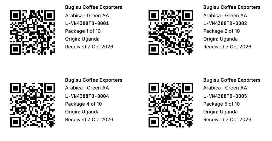 Screenshot of QR labels and a public trace page in Famunera
