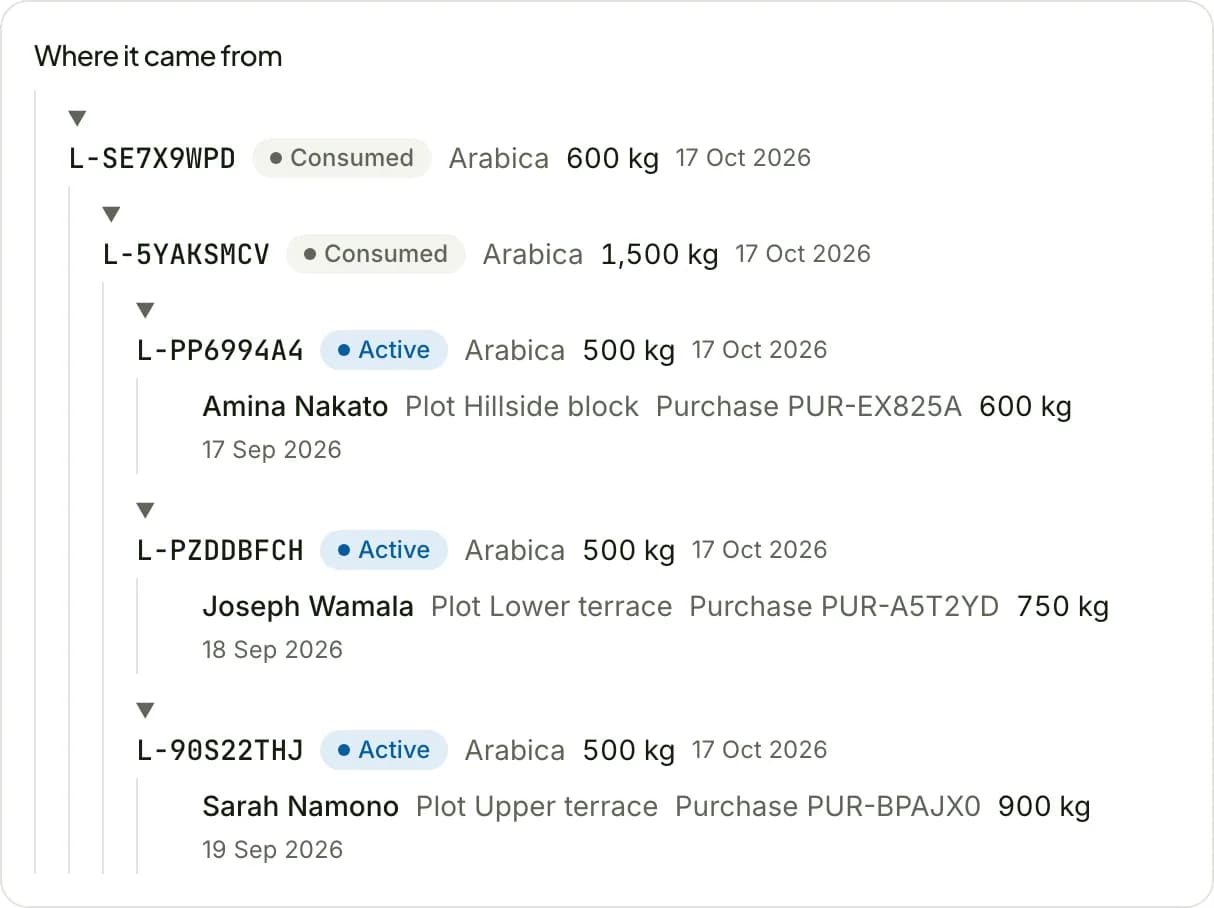 Screenshot of Batches and lineage in Famunera