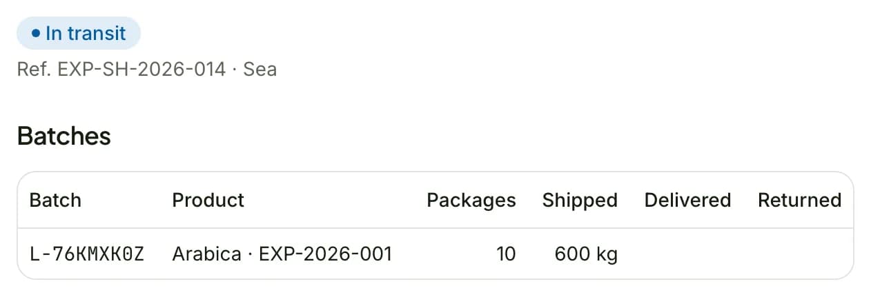 Screenshot of Shipments in Famunera